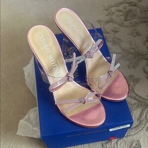 Stuart Weitzman rhinestone bow pink metallic heels